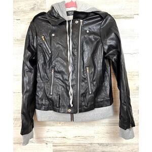 Vici Womens M Black Faux Leather Gray Knit Hooded Moto Jacket NWT Biker